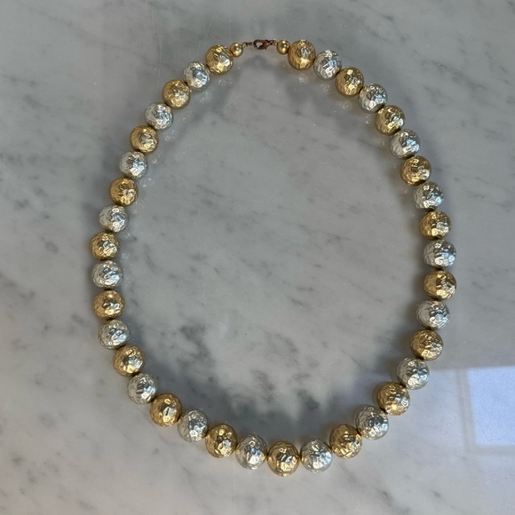 Vintage Silver & Gold Textured Shiny Round Beaded Necklace Lobster Clasp 24.5"L - Picture 5 of 7